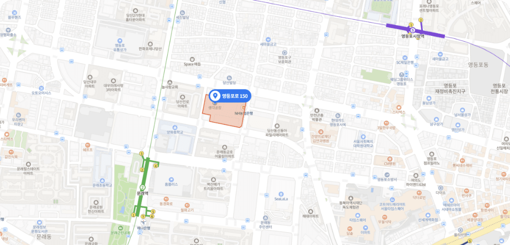 지도 이미지: (07292) 서울시 영등포구 영등포로 150,B동 303호~309호, B동 401호~409호 (당산동 1가, 생각공장)